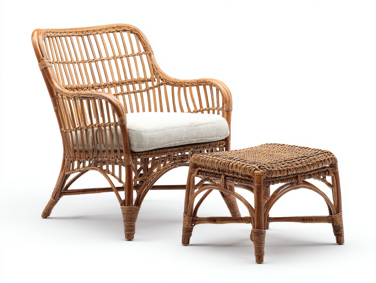 Polyrattan Gartensessel Rattan mit Fußhocker und Sitzkissen ca. 80x75x85 cm - Natur-Beige - klassisches Design-Lonoroloft