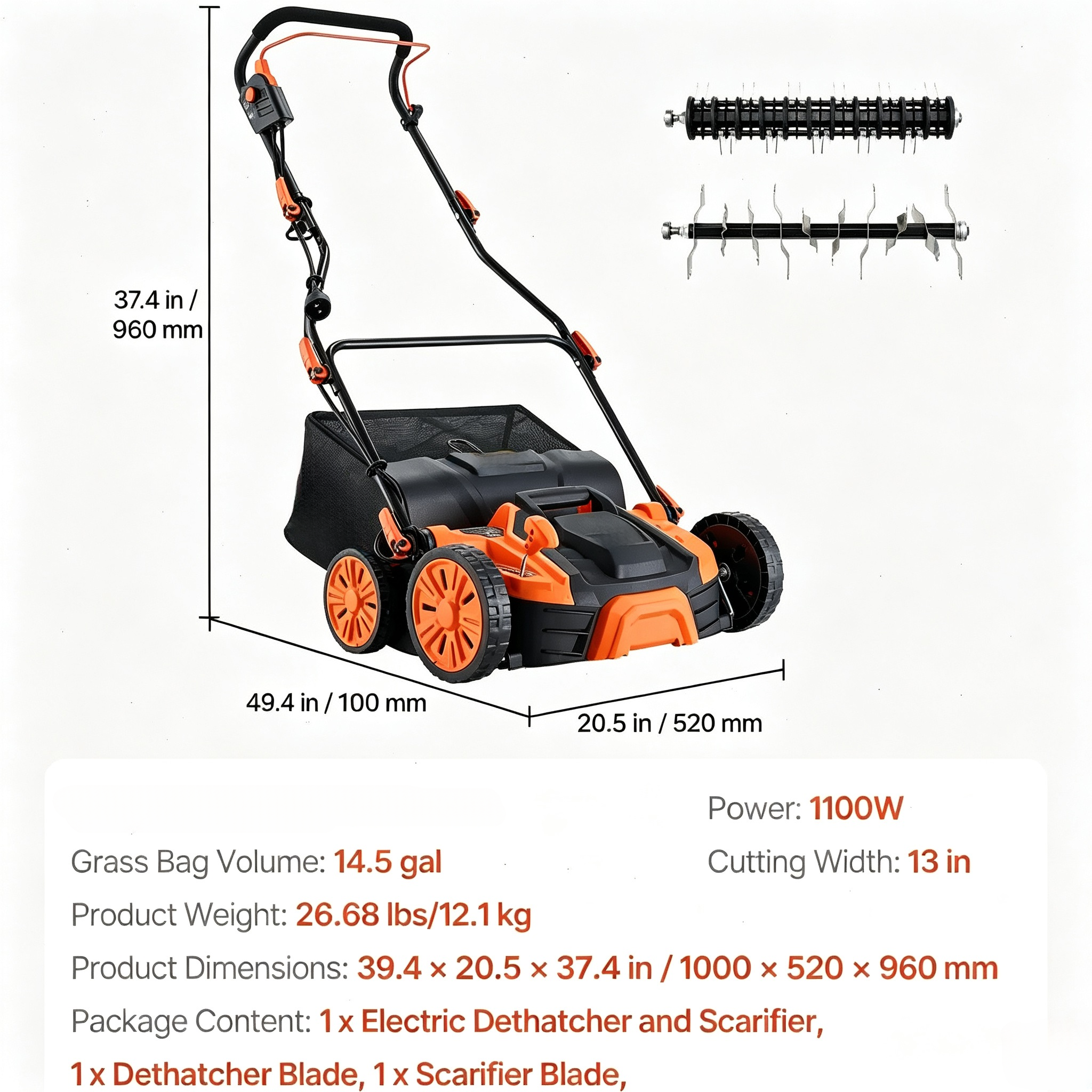 2-in-1 Electric Lawn Dethatcher & Scarifier, 13/16 Inch, 13 Amp, Quick Setup with Nylon Collection Bag