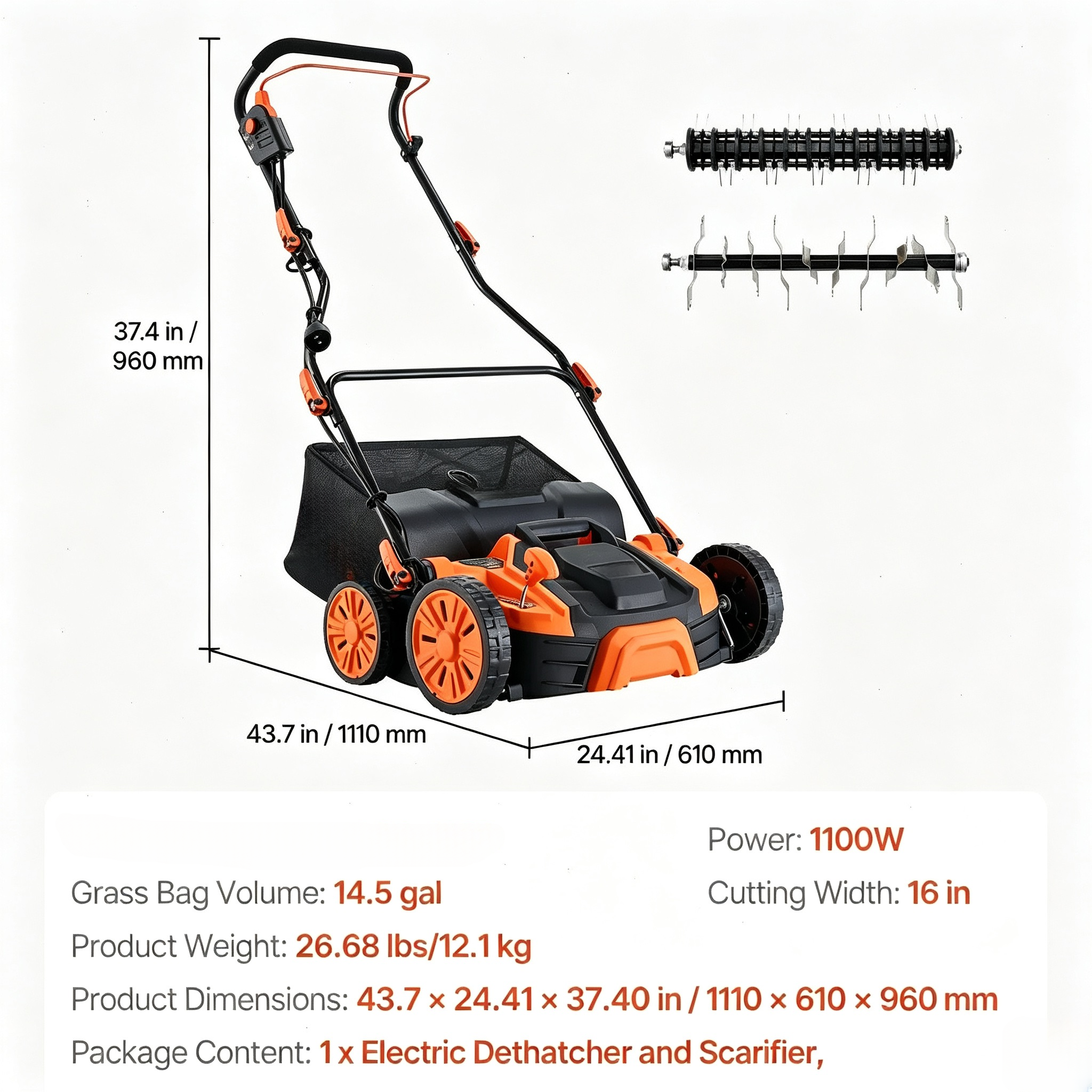 2-in-1 Electric Lawn Dethatcher & Scarifier, 13/16 Inch, 13 Amp, Quick Setup with Nylon Collection Bag