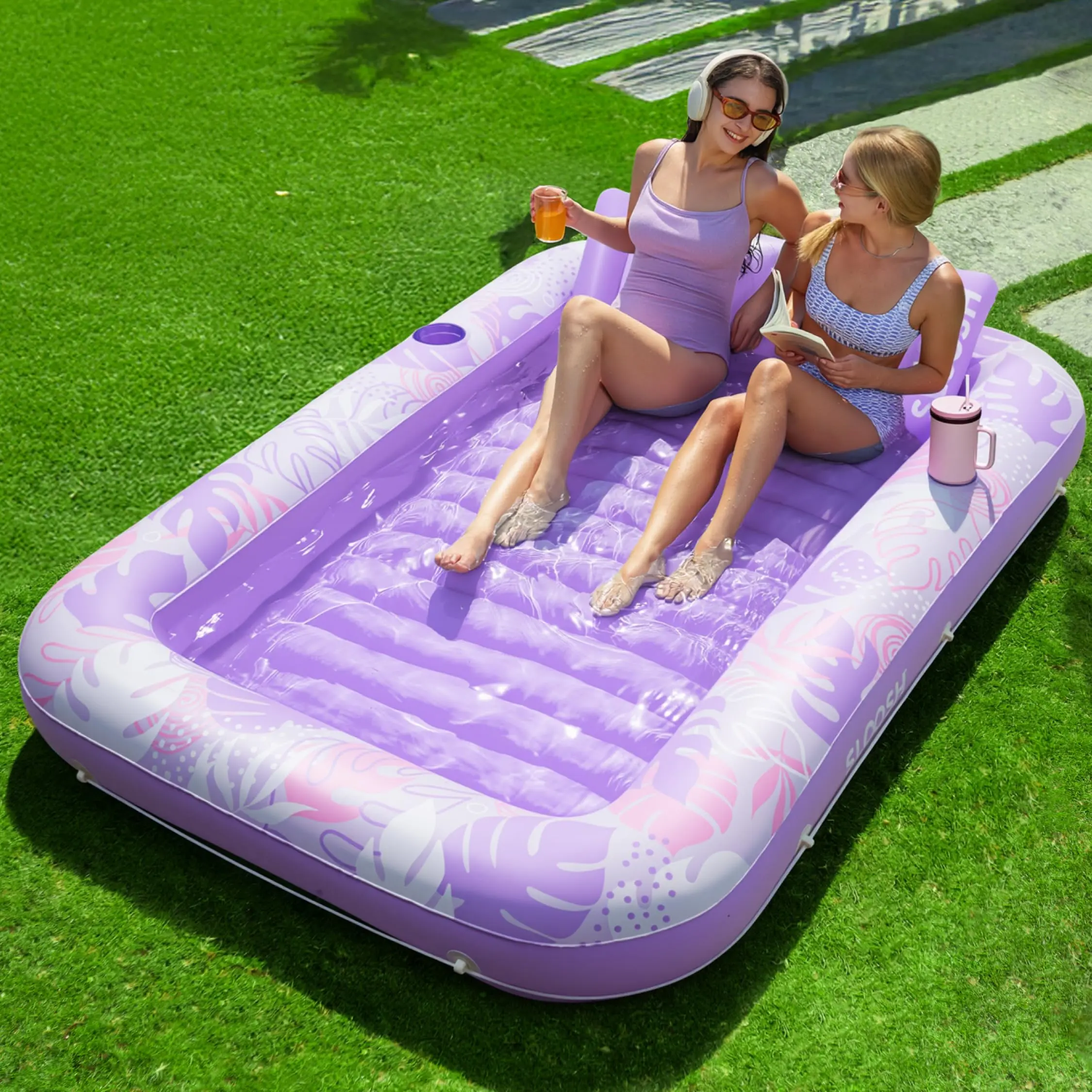 Inflatable Tanning Pool Lounge Float with Cup Holder