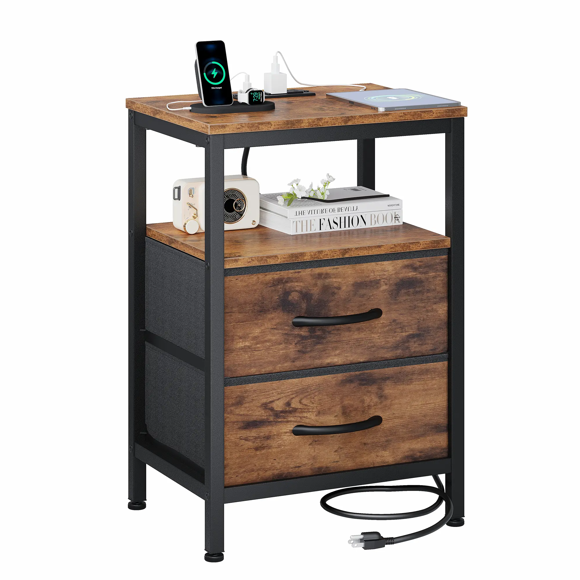 Black Wood‑Look Nightstand with Charging Station, 2 Fabric Drawers, Metal Frame Bedside Table for Bedroom & Apartment