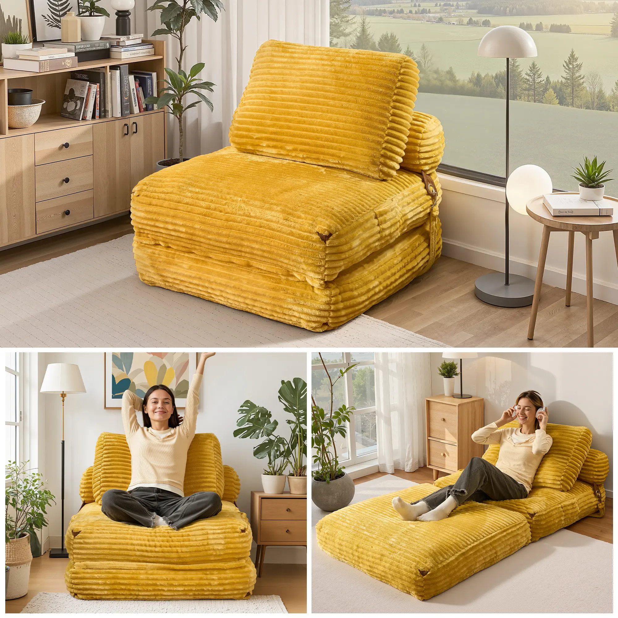 3‑in‑1 Convertible Folding Sofa Bed, No‑Assembly Oversized Chaise Lounge Floor Couch for Small Spaces