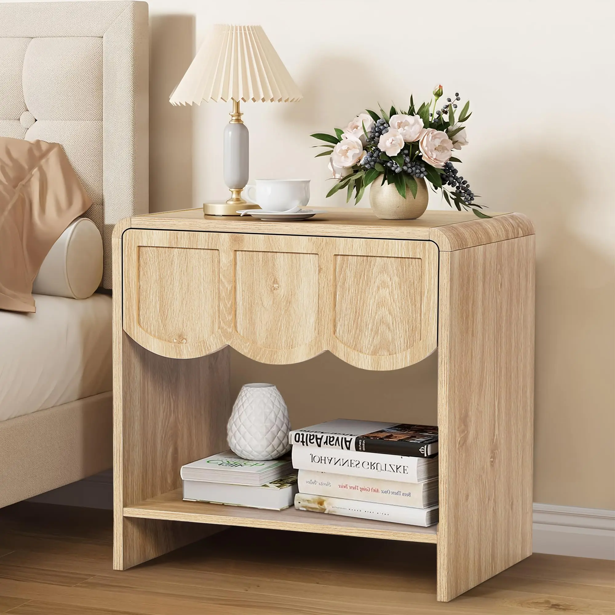 Small Night Stand Modern Farmhouse Wood Nightstand for Small Spaces