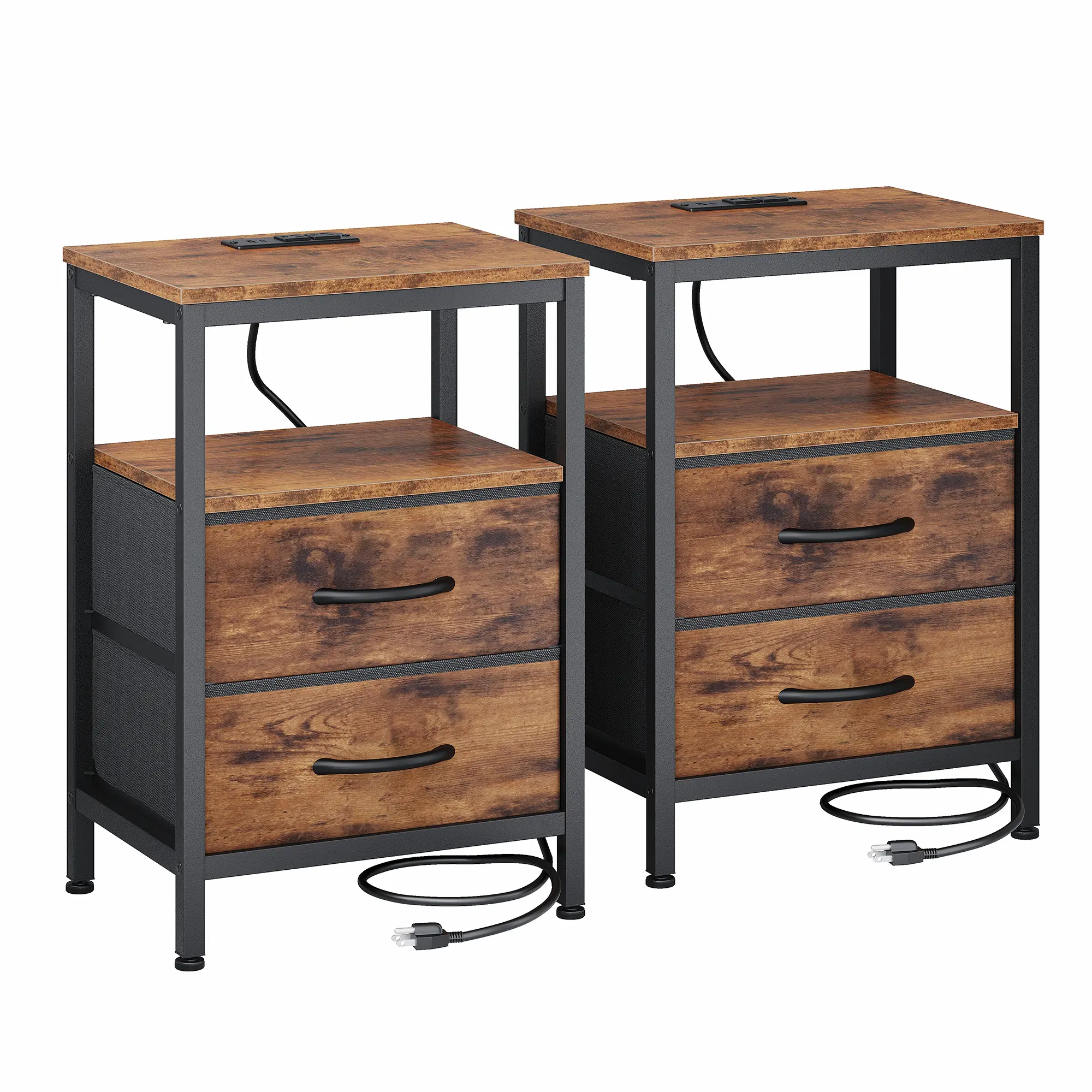 Black Wood‑Look Nightstand with Charging Station, 2 Fabric Drawers, Metal Frame Bedside Table for Bedroom & Apartment