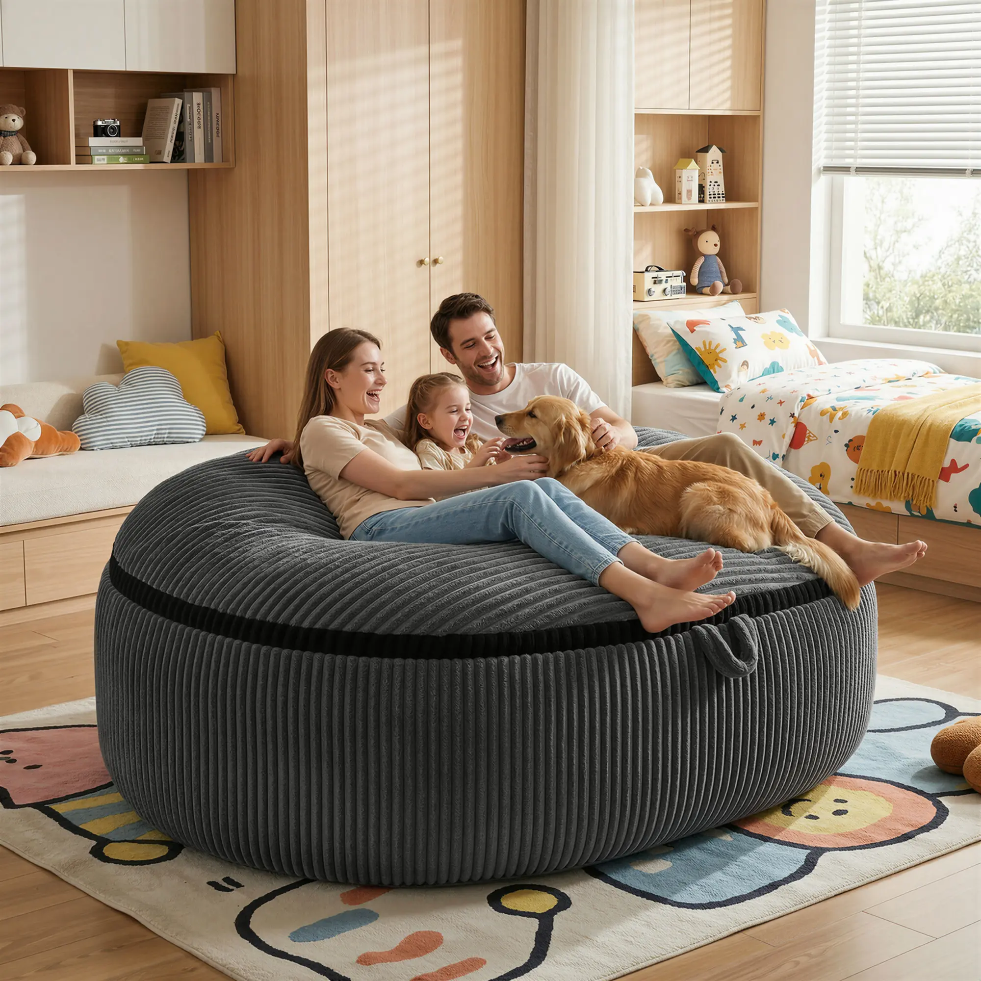 5-8FT Giant Memory Foam Bean Bag Lazy Sofa, Modern Fully Assembled Armless Couch, Durable Corduroy Furniture with Removable Machine-Washable Cover for Living Room & Apartment
