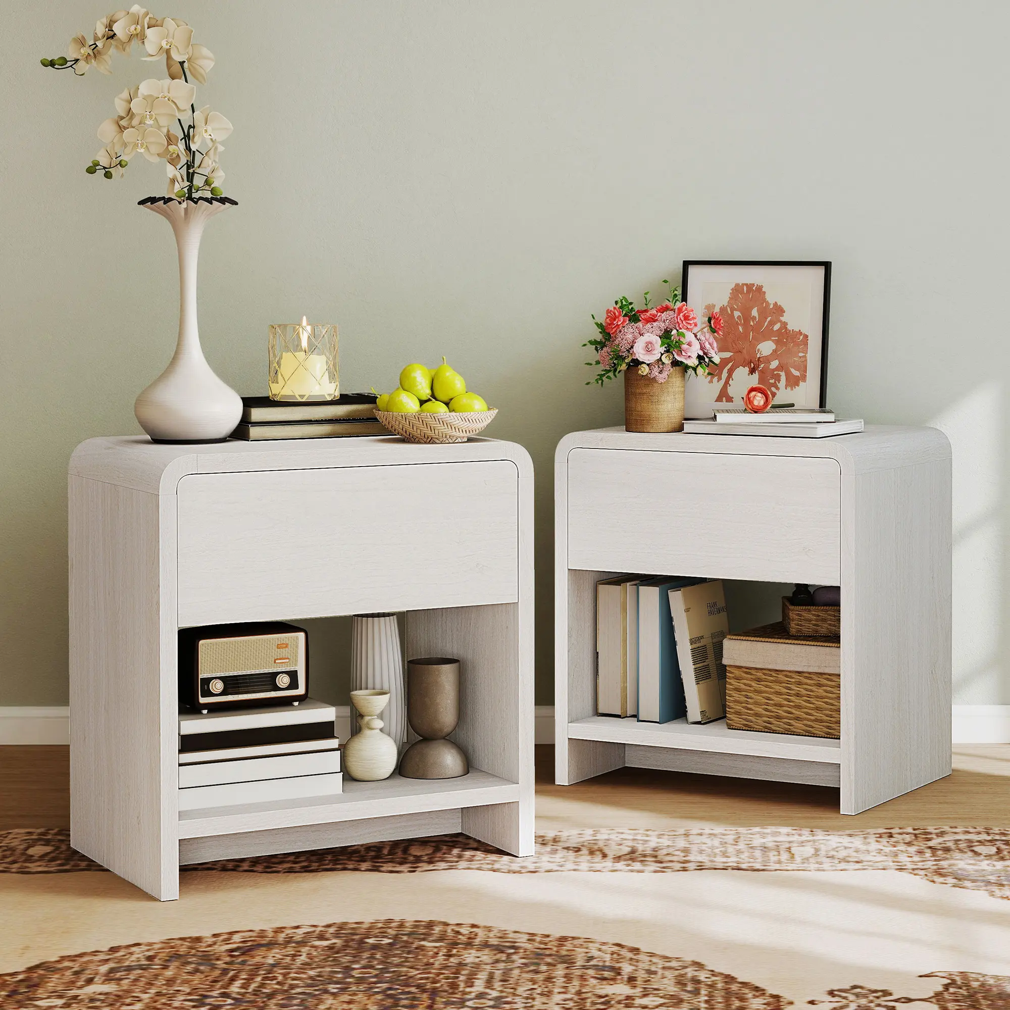 Modern Nightstand Pedestal with Storage Drawer and Pine Handles - Engineered Wood Side Table