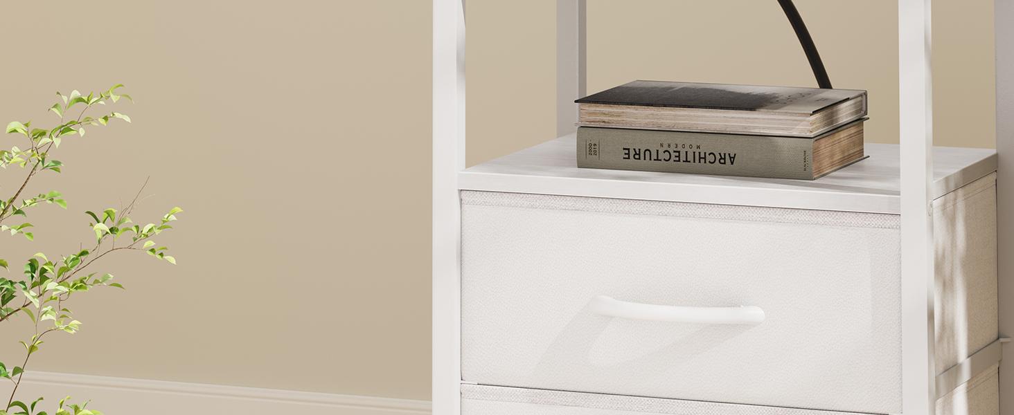 Sweetcrispy Black Wood Nightstand with Charging Station - 2 Fabric Drawers, 2 AC Outlets, USB Ports, Metal Frame, Bedroom Storage Bedside Table, Living Room Decor, Room Decor Apartment Furniture