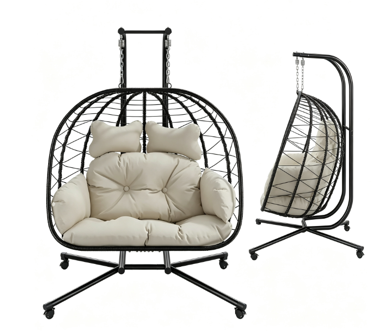 Double Egg Chair with Stand, Wicker Rattan