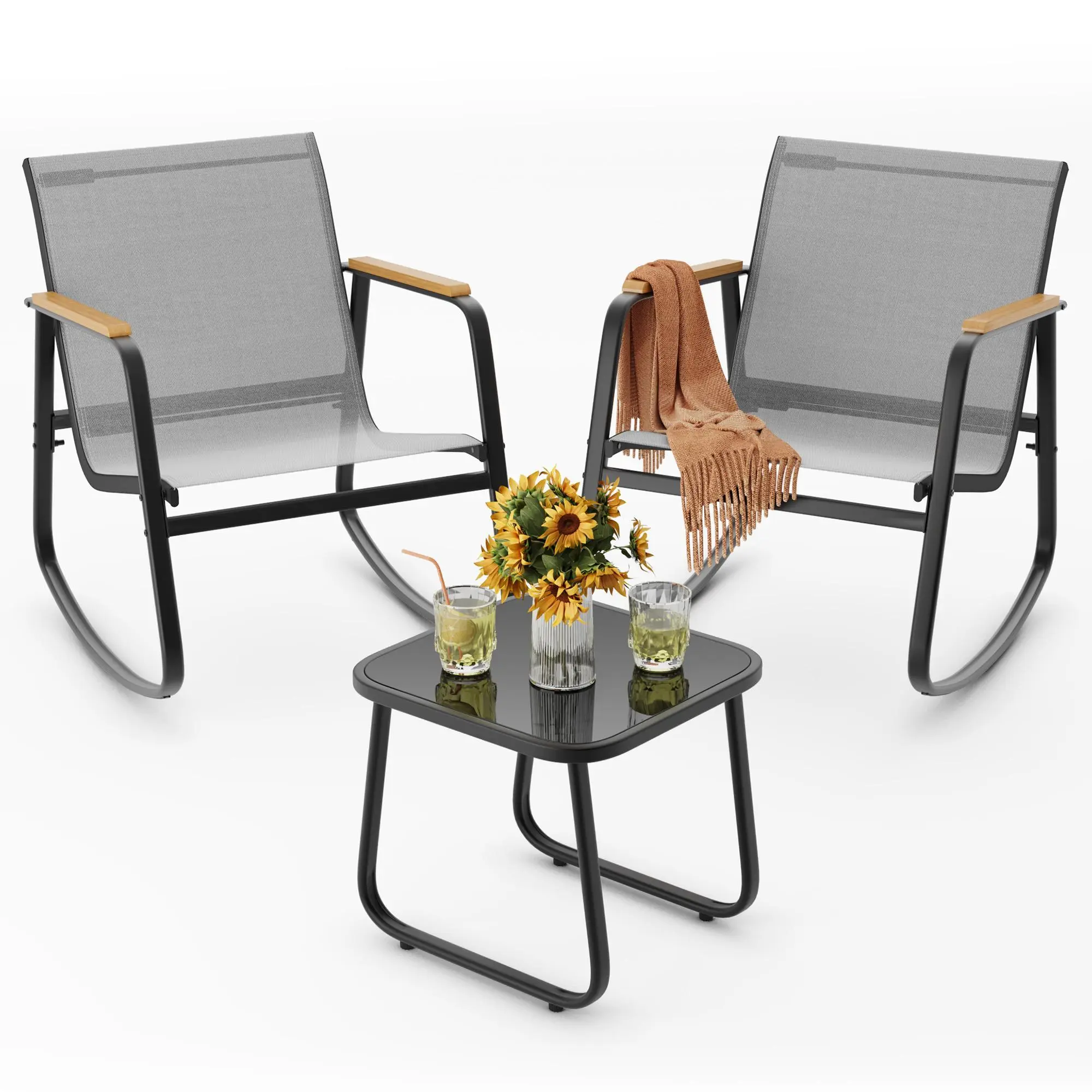 3‑Piece Rocking Bistro Set, PVC‑Coated Polyester Sling Patio Rocking Chairs with Coffee Table for Garden, Balcony & Poolside