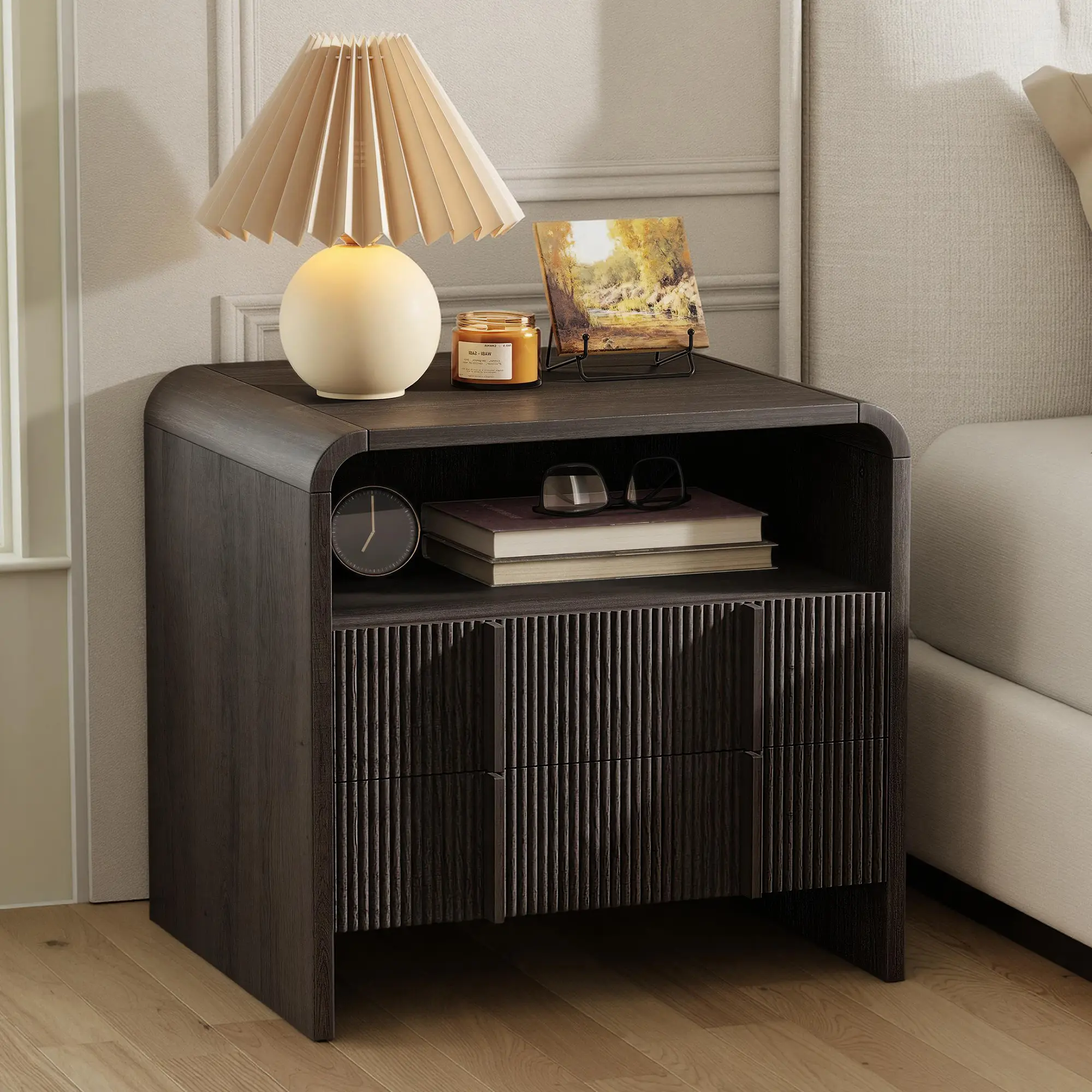 Modern Nightstand Pedestal with Storage Drawer and Pine Handles - Engineered Wood Side Table