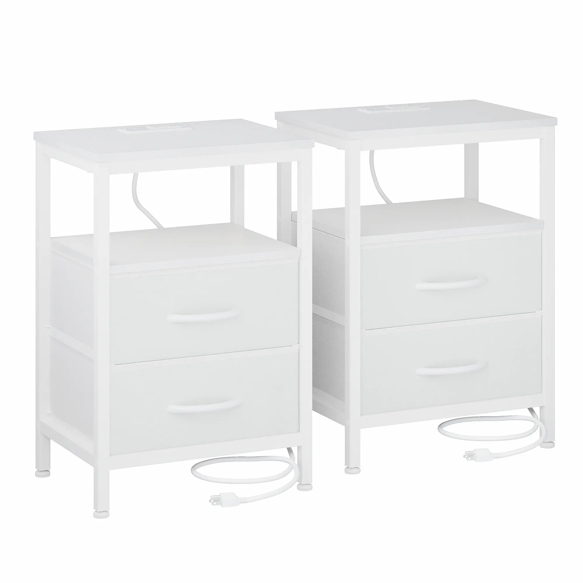 Black Wood‑Look Nightstand with Charging Station, 2 Fabric Drawers, Metal Frame Bedside Table for Bedroom & Apartment