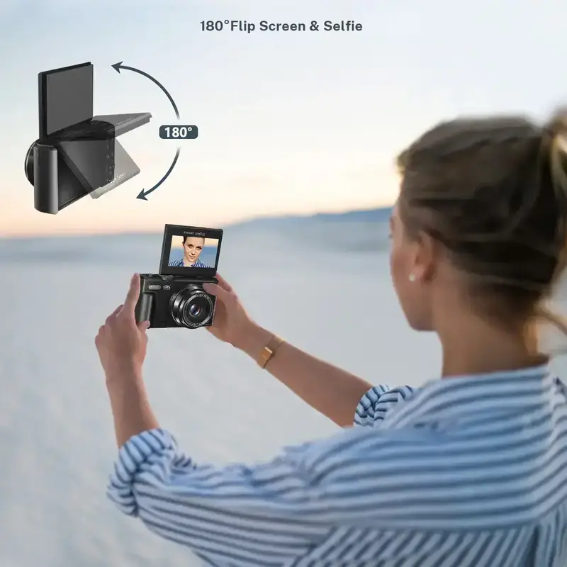 4K Digital Camera for Photography with 64MP, 3 Inch 180° Flip Screen, 18X Digital Zoom, 32GB Micro SD Card, 2 Batteries, Ideal for Gift,father'sdaygifts