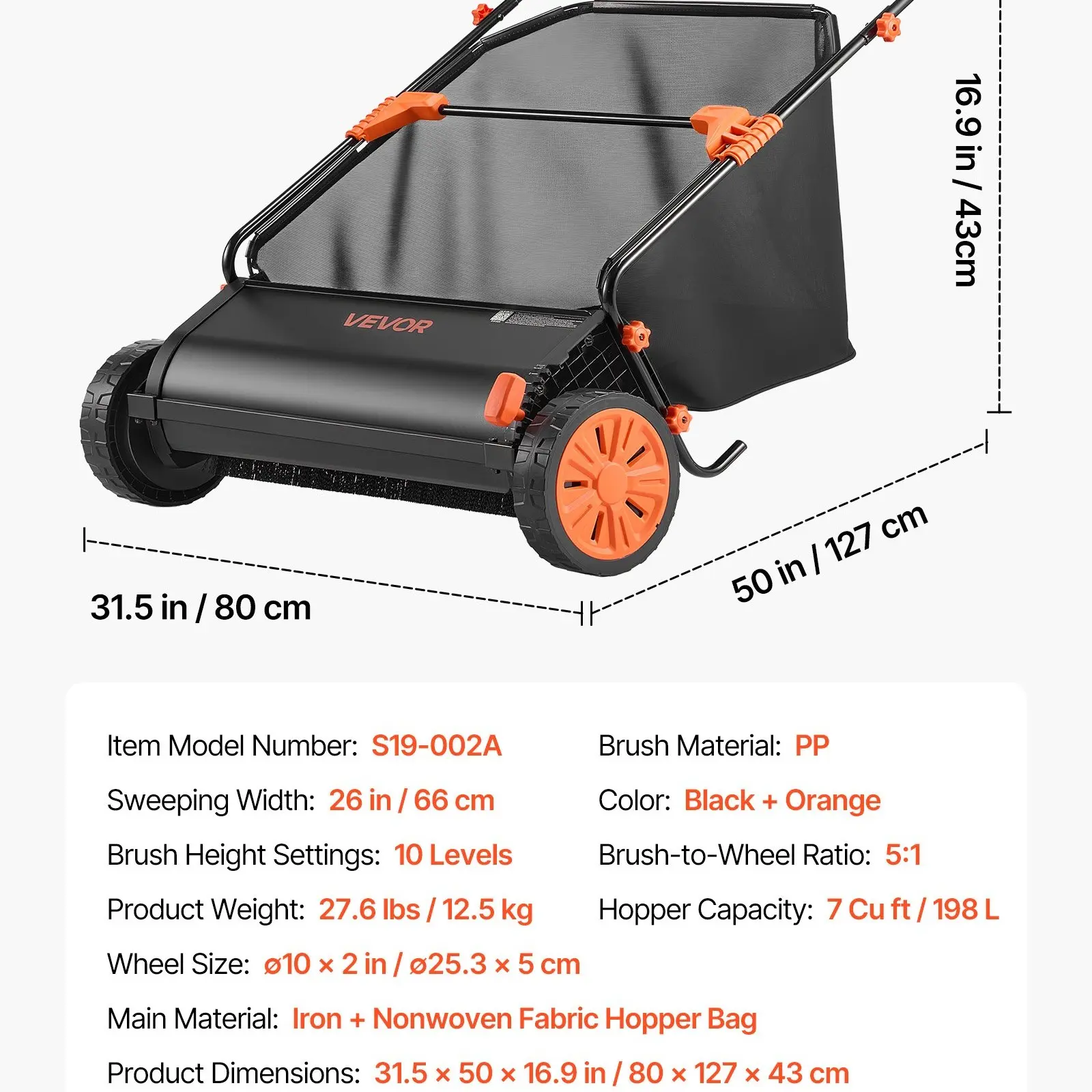 26‑Inch Push Lawn Sweeper, Heavy‑Duty Leaf Grass Collector with Large 7 Cu.Ft Hopper Bag for Yard & Garden