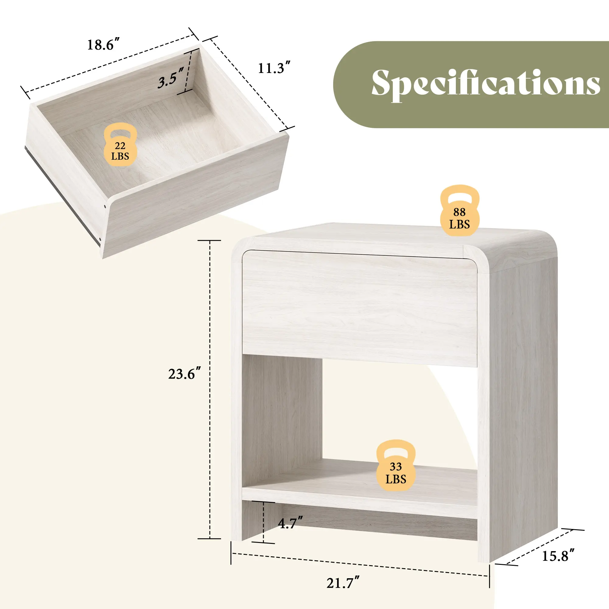Modern Nightstand Pedestal with Storage Drawer and Pine Handles - Engineered Wood Side Table