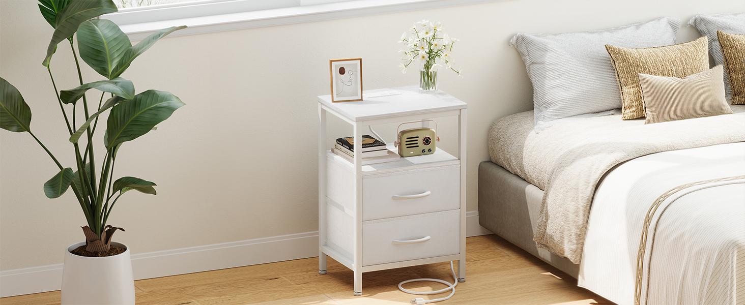 Sweetcrispy Black Wood Nightstand with Charging Station - 2 Fabric Drawers, 2 AC Outlets, USB Ports, Metal Frame, Bedroom Storage Bedside Table, Living Room Decor, Room Decor Apartment Furniture