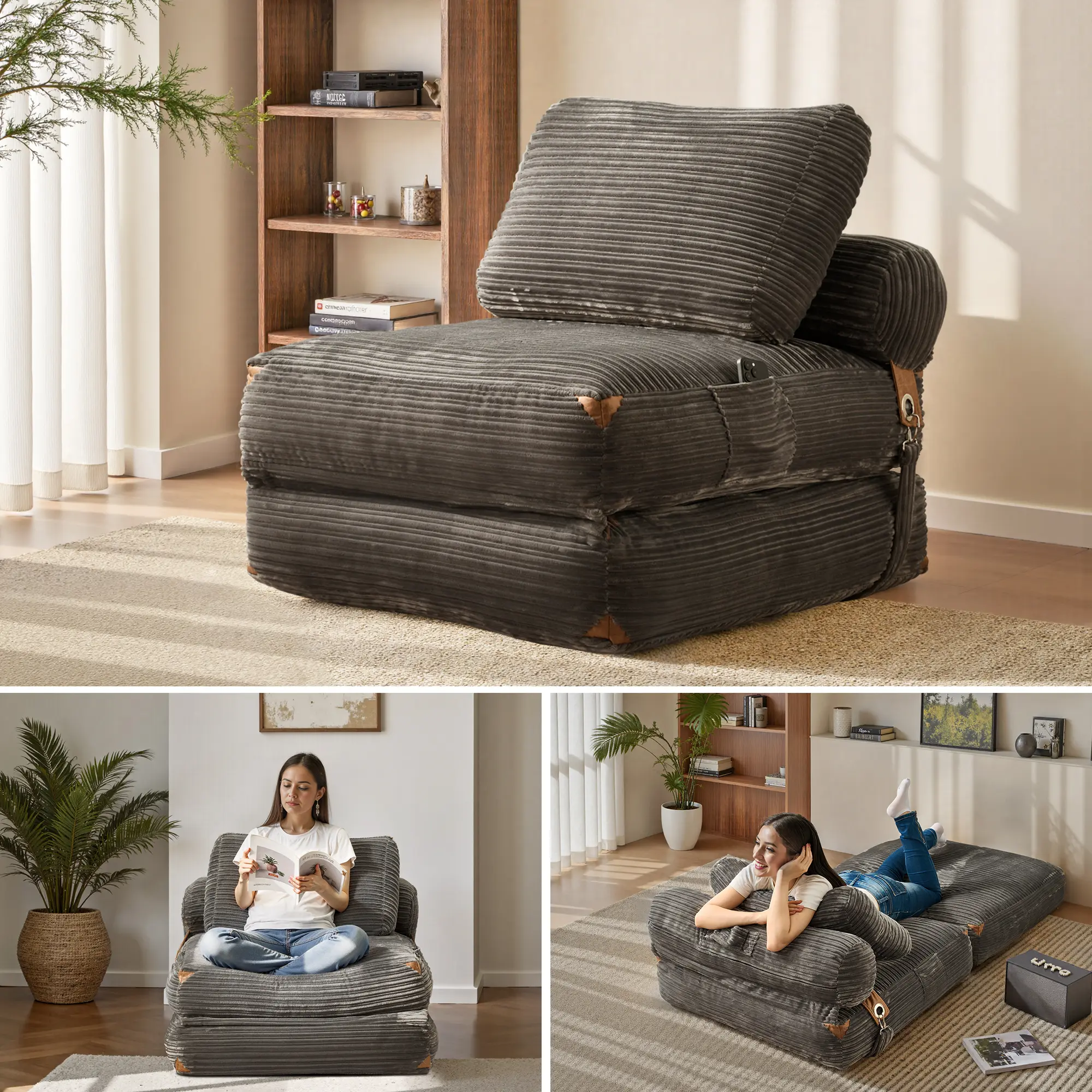 3‑in‑1 Convertible Folding Sofa Bed, No‑Assembly Oversized Chaise Lounge Floor Couch for Small Spaces