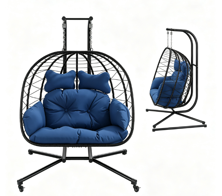 Double Egg Chair with Stand, Wicker Rattan