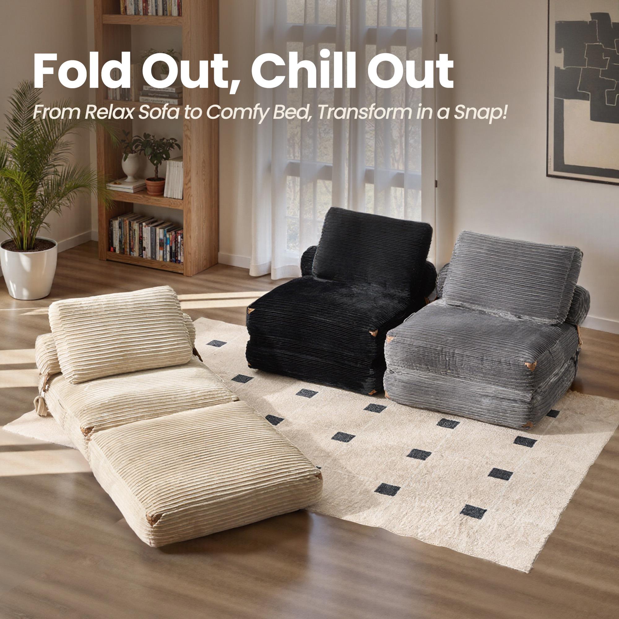 【SohoChic Sale】OVIOS 36" Boneless Chaise Lounge, 3-in-1 Convertible Folding Sofa Bed with Pillow & Lumbar Support, Oversized Sleeper Chair & Floor Couch for Living Room, Bedroom & Apartment, No Assembly Required