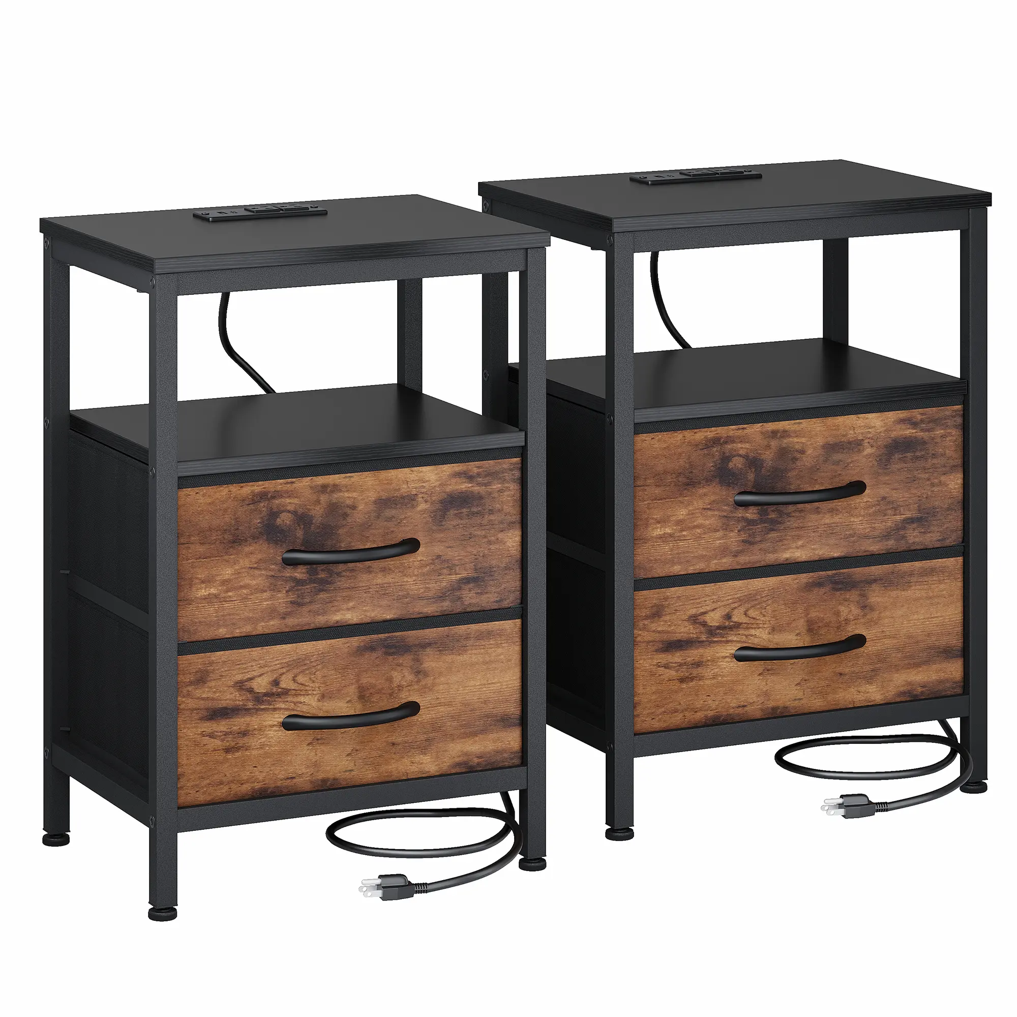 Black Wood‑Look Nightstand with Charging Station, 2 Fabric Drawers, Metal Frame Bedside Table for Bedroom & Apartment