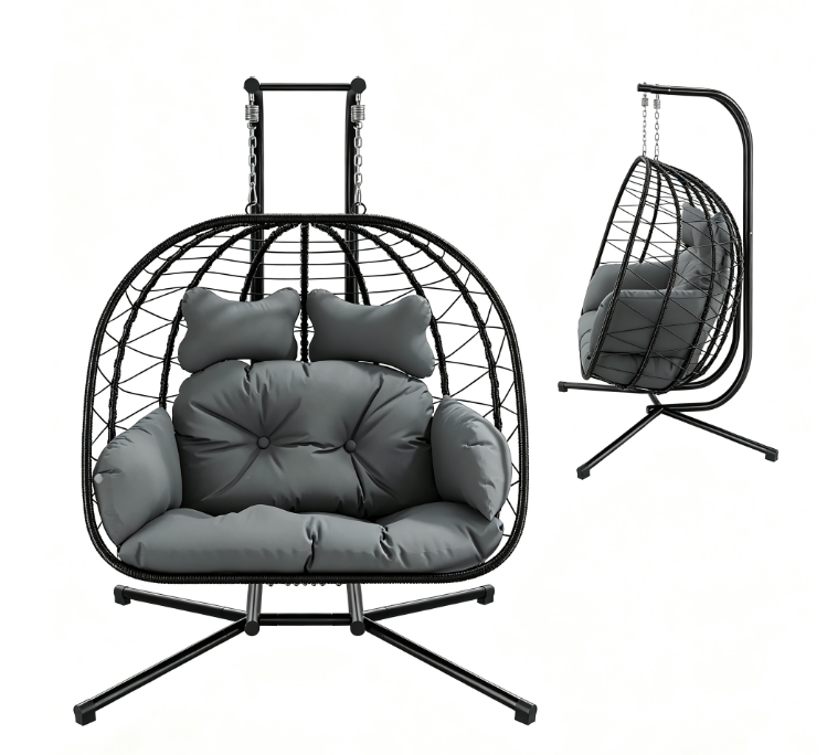 Double Egg Chair with Stand, Wicker Rattan