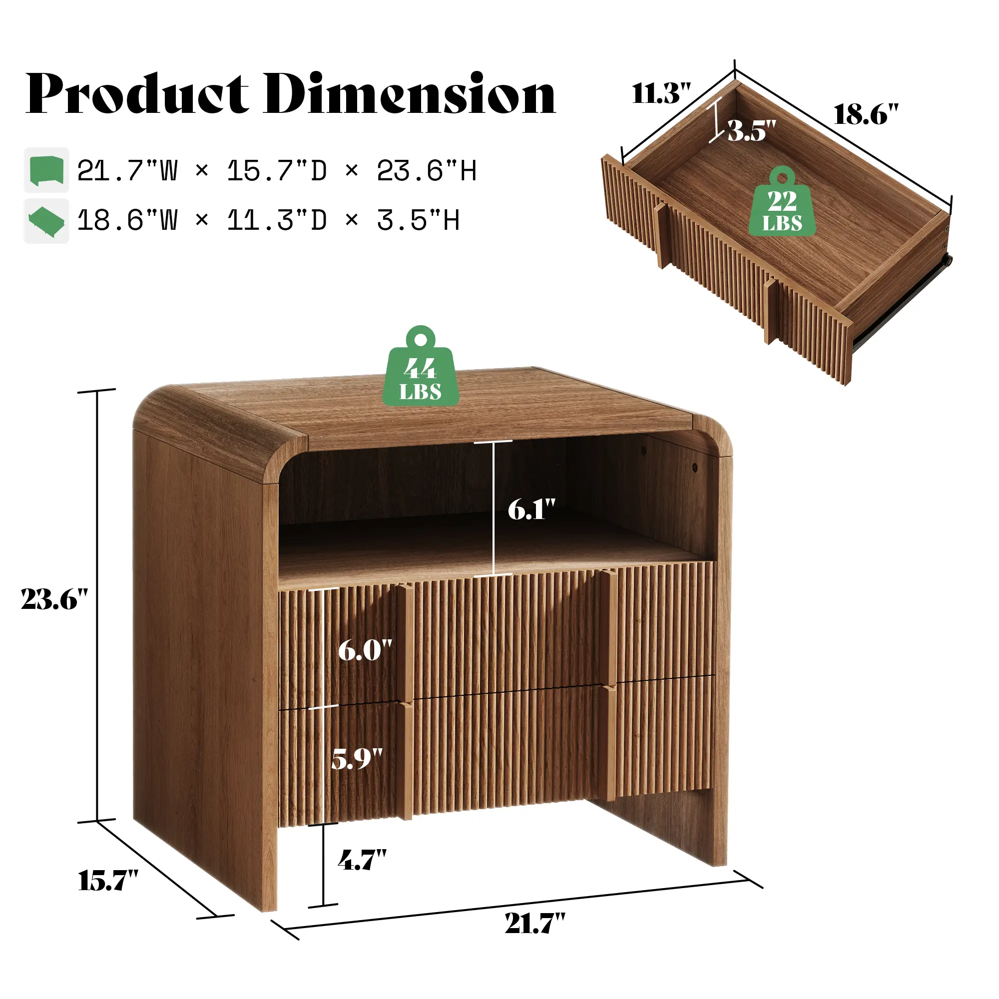 Modern Nightstand Pedestal with Storage Drawer and Pine Handles - Engineered Wood Side Table