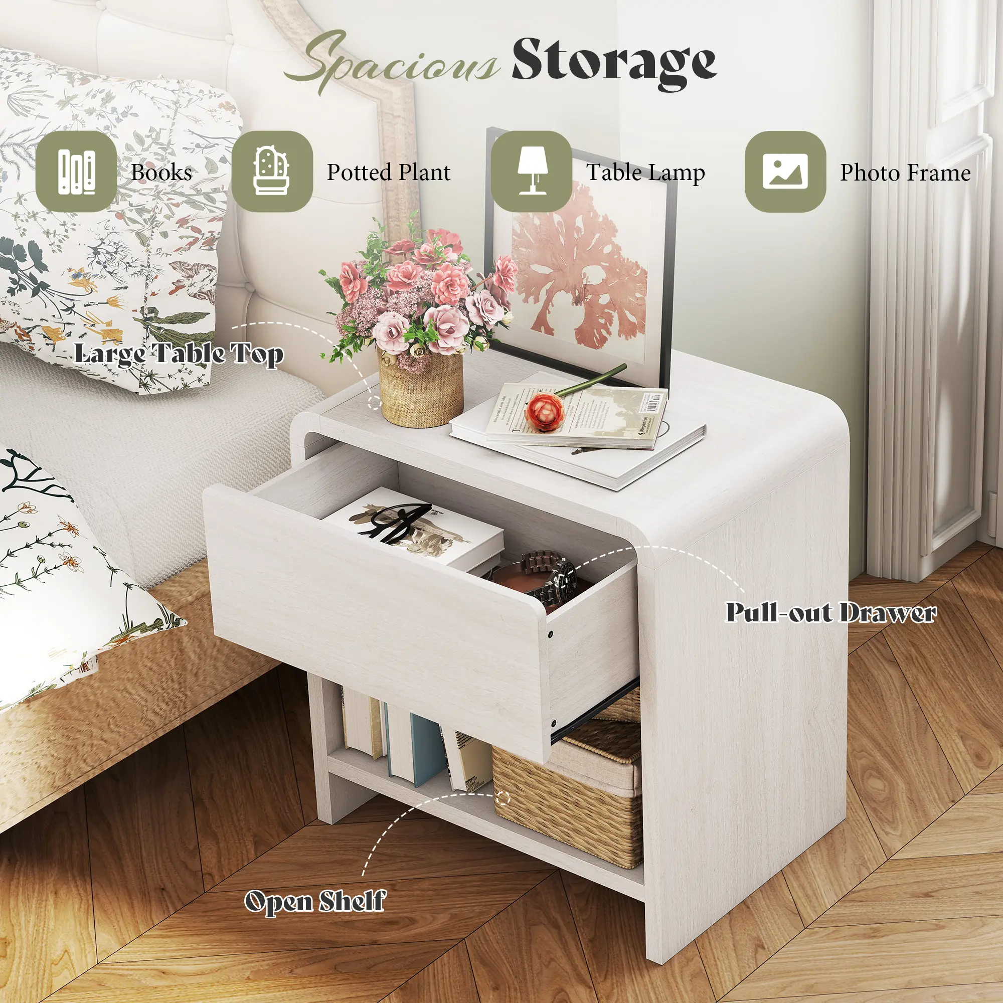 Modern Nightstand Pedestal with Storage Drawer and Pine Handles - Engineered Wood Side Table