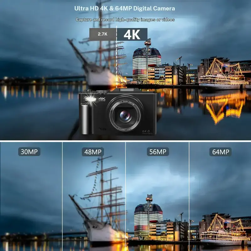 4K Digital Camera for Photography with 64MP, 3 Inch 180° Flip Screen, 18X Digital Zoom, 32GB Micro SD Card, 2 Batteries, Ideal for Gift,father'sdaygifts