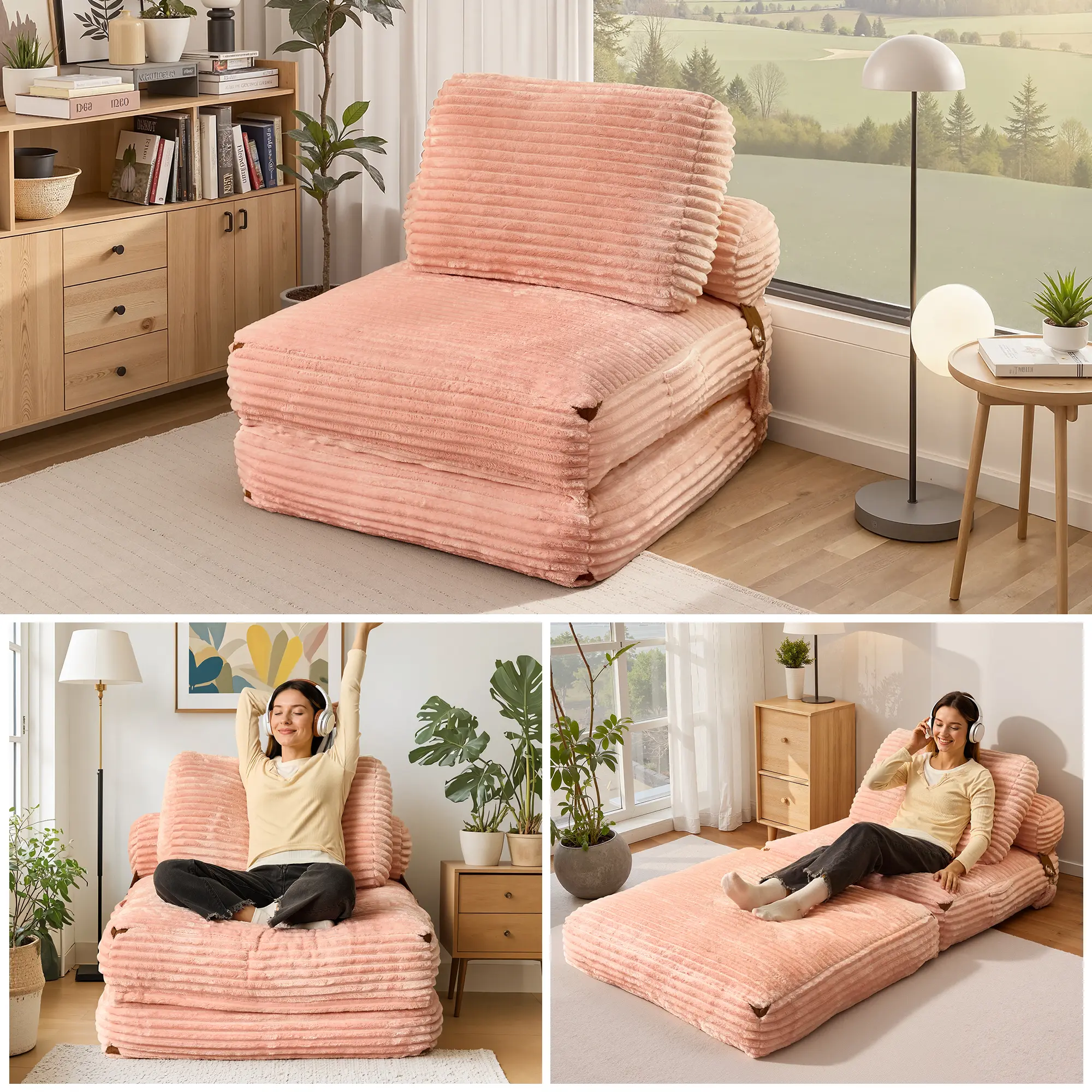 3‑in‑1 Convertible Folding Sofa Bed, No‑Assembly Oversized Chaise Lounge Floor Couch for Small Spaces
