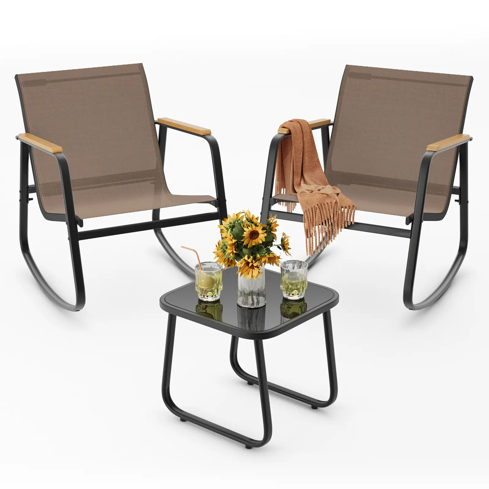3‑Piece Rocking Bistro Set, PVC‑Coated Polyester Sling Patio Rocking Chairs with Coffee Table for Garden, Balcony & Poolside