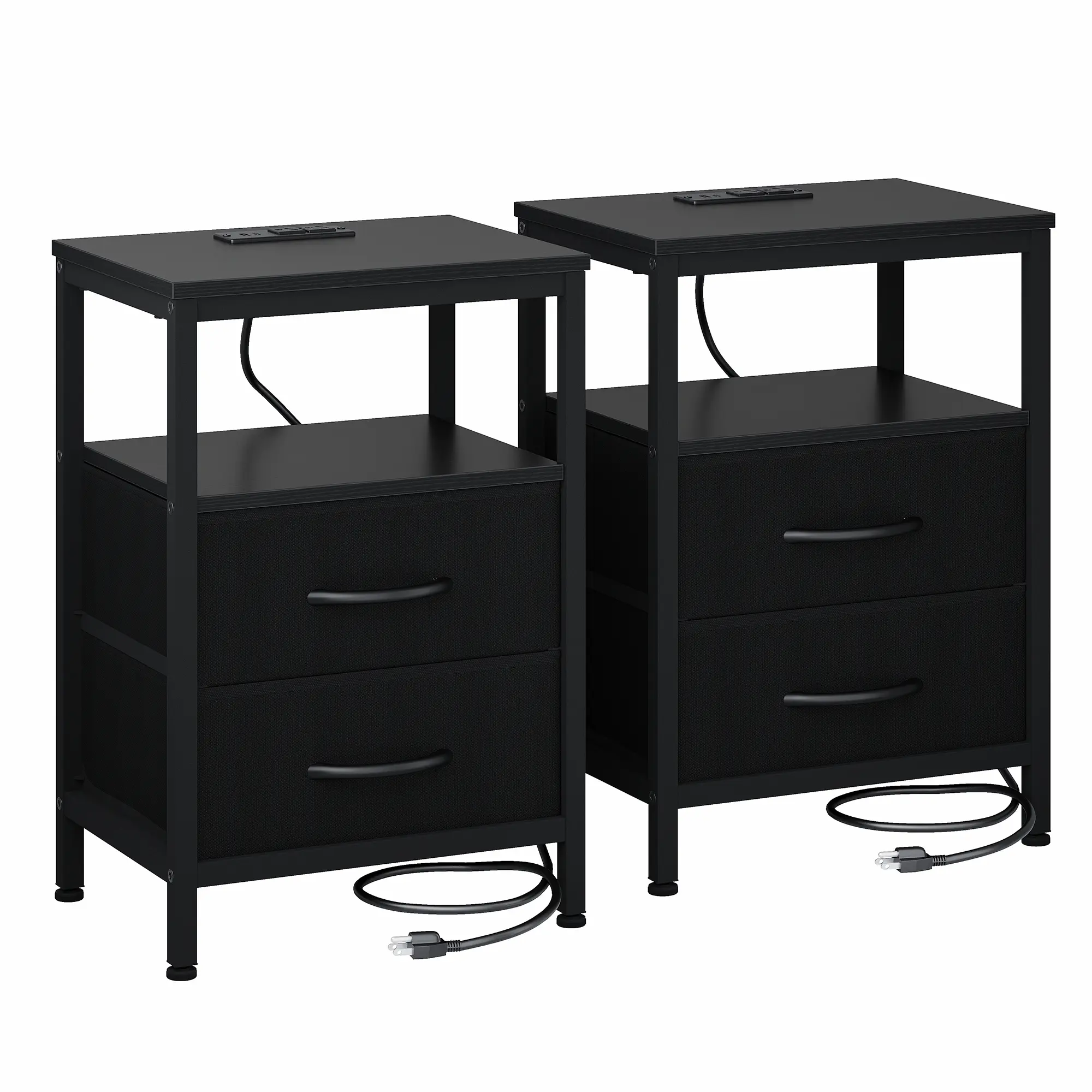 Black Wood‑Look Nightstand with Charging Station, 2 Fabric Drawers, Metal Frame Bedside Table for Bedroom & Apartment