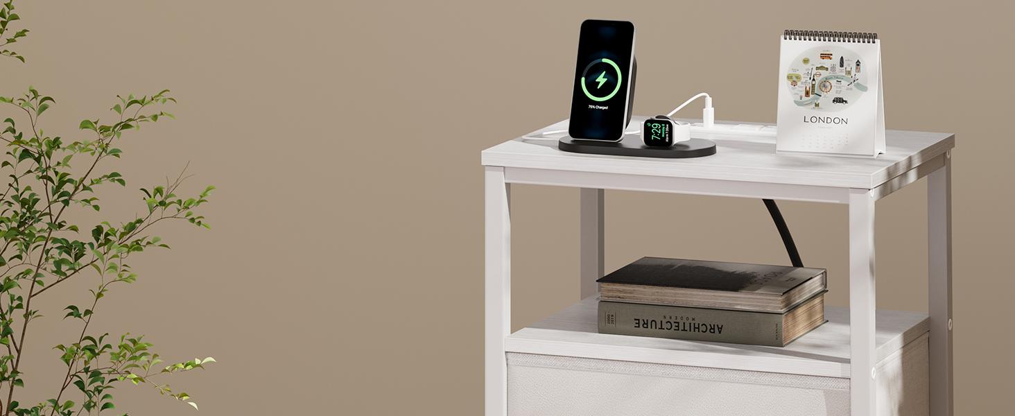 Sweetcrispy Black Wood Nightstand with Charging Station - 2 Fabric Drawers, 2 AC Outlets, USB Ports, Metal Frame, Bedroom Storage Bedside Table, Living Room Decor, Room Decor Apartment Furniture