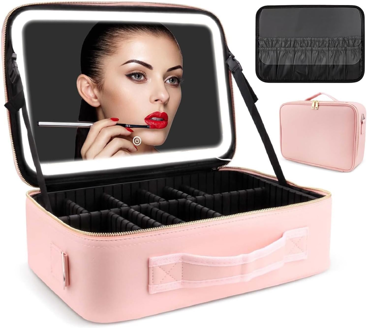 Portable Travel Makeup Bag with Adjustable LED Mirror, Custom Partition & Brush Storage, Waterproof Cosmetic Bag