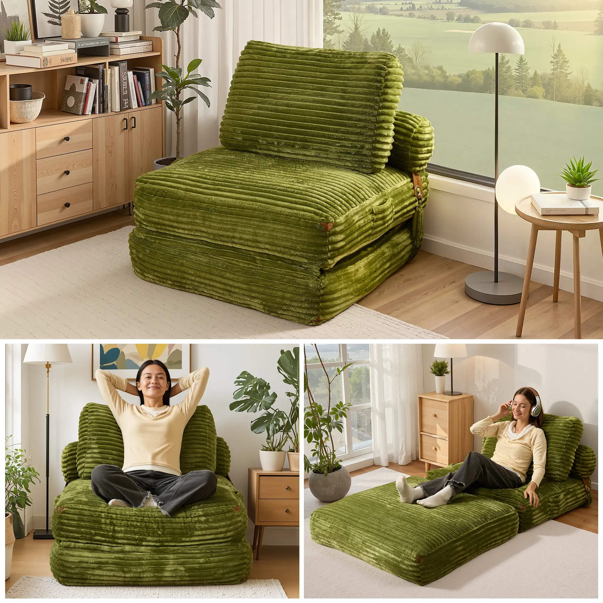3‑in‑1 Convertible Folding Sofa Bed, No‑Assembly Oversized Chaise Lounge Floor Couch for Small Spaces