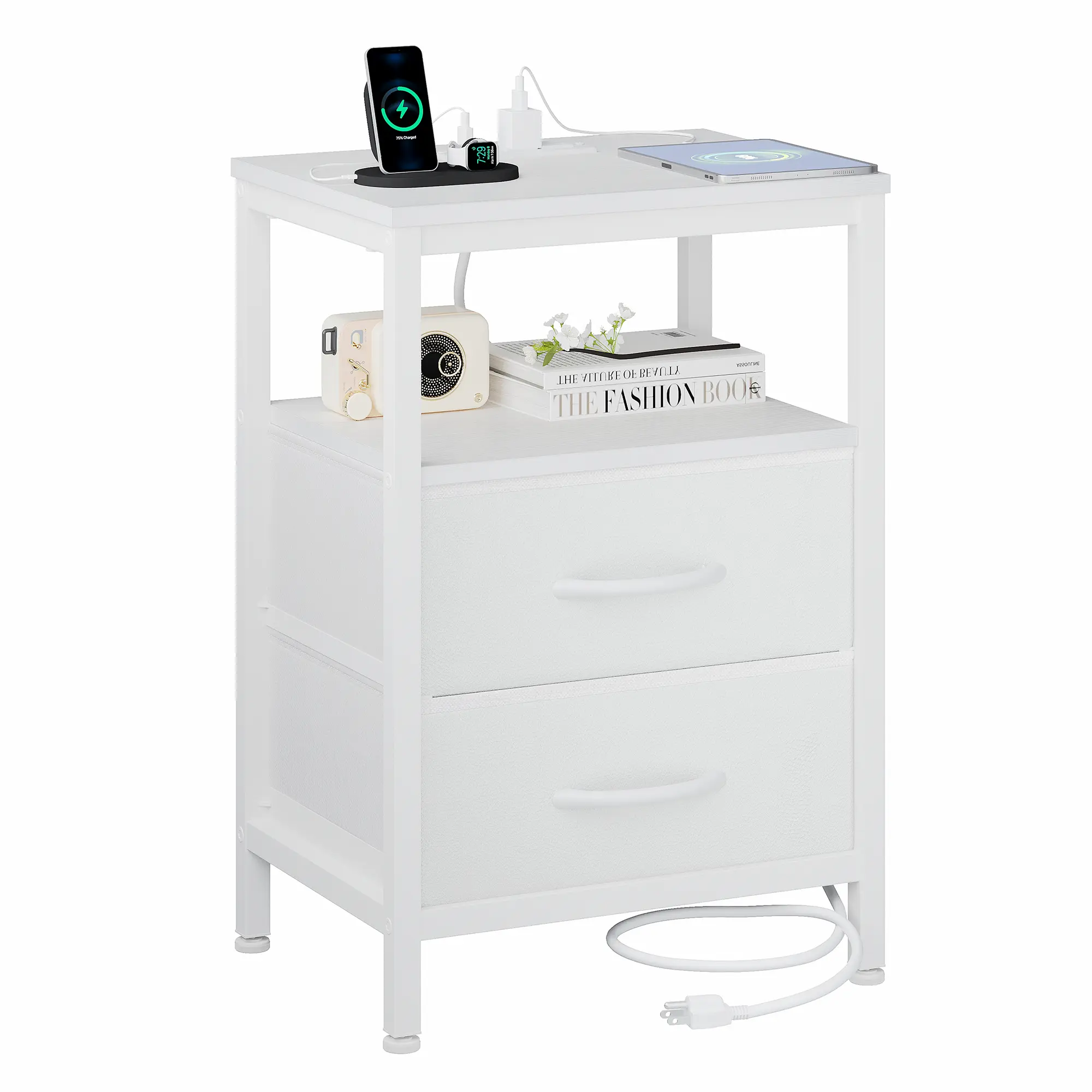 Black Wood‑Look Nightstand with Charging Station, 2 Fabric Drawers, Metal Frame Bedside Table for Bedroom & Apartment