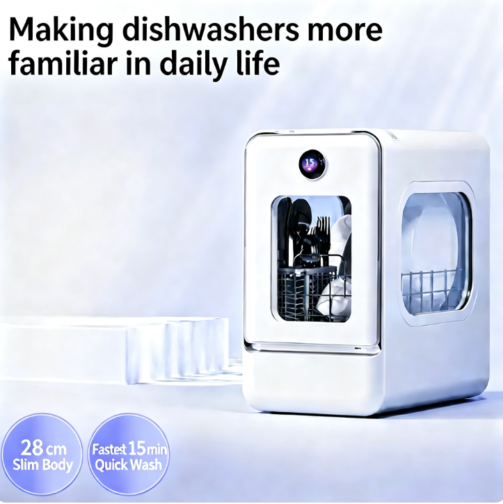 AI Smart Countertop Dishwasher, 28cm Ultra Slim Width, No Plumbing Required, Tank-Type Portable Dishwasher for Small Kitchen