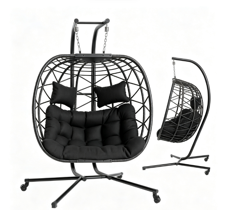 Double Egg Chair with Stand, Wicker Rattan