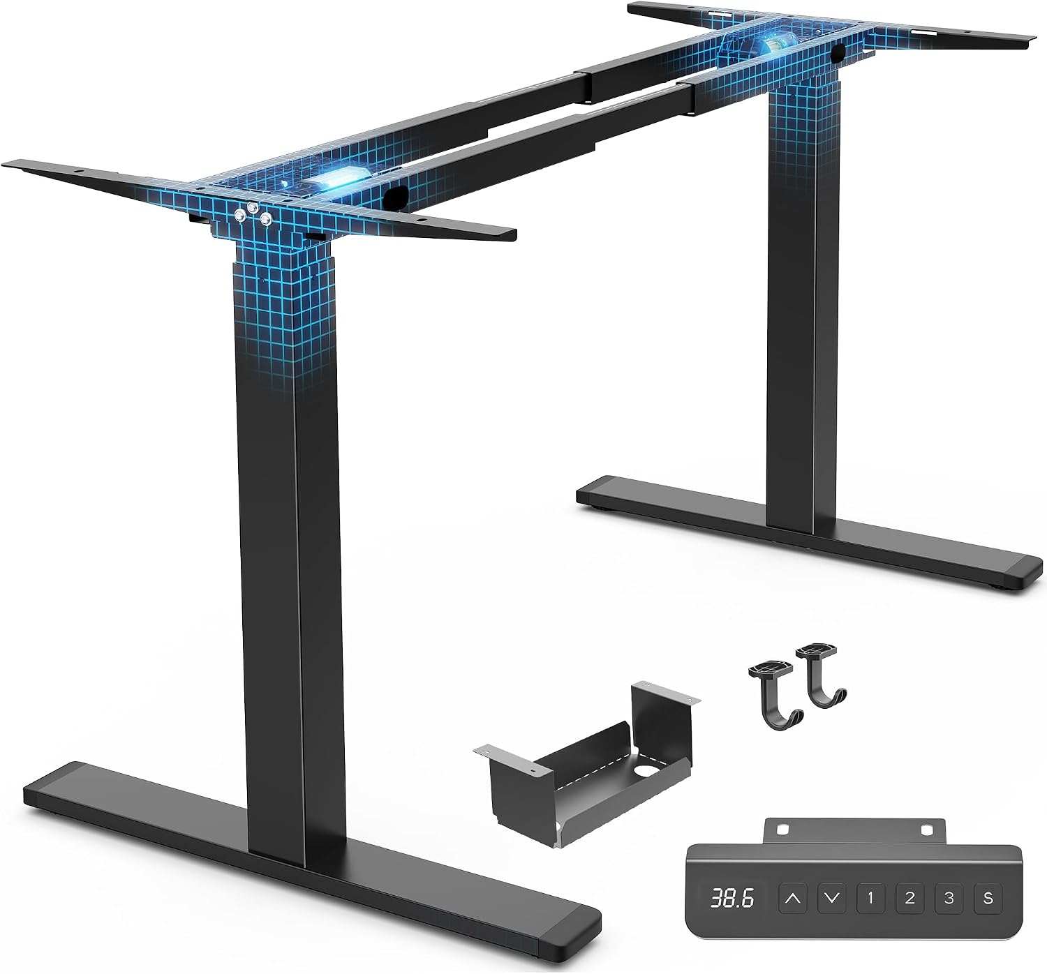 Dual Motor Electric Standing Desk Frame, Height Adjustable Sit Stand Desk Legs for Custom Tabletop, 3 Height Memory Presets, Cable Management Tray & 2 Side Hooks, Black Frame Only