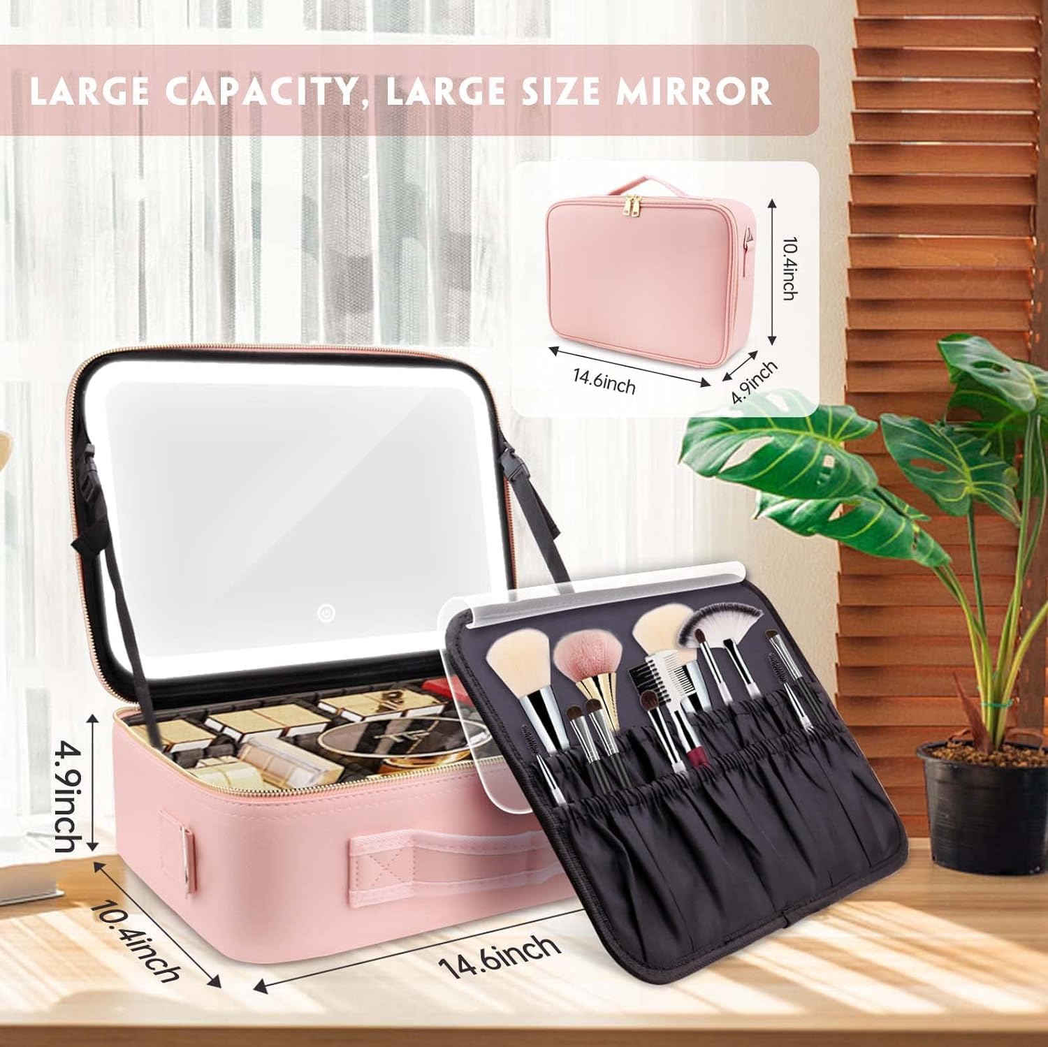 Portable Travel Makeup Bag with Adjustable LED Mirror, Custom Partition & Brush Storage, Waterproof Cosmetic Bag