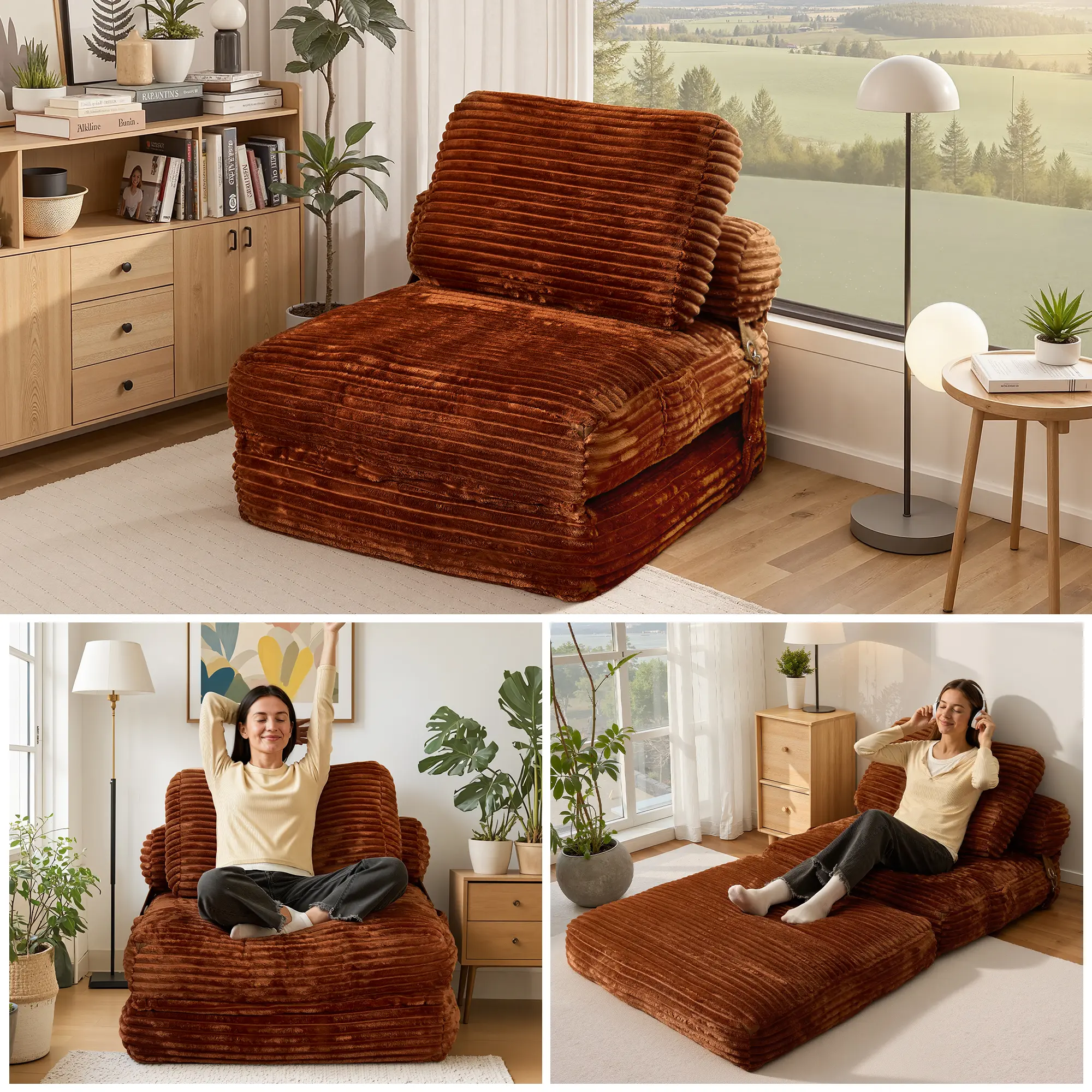 3‑in‑1 Convertible Folding Sofa Bed, No‑Assembly Oversized Chaise Lounge Floor Couch for Small Spaces