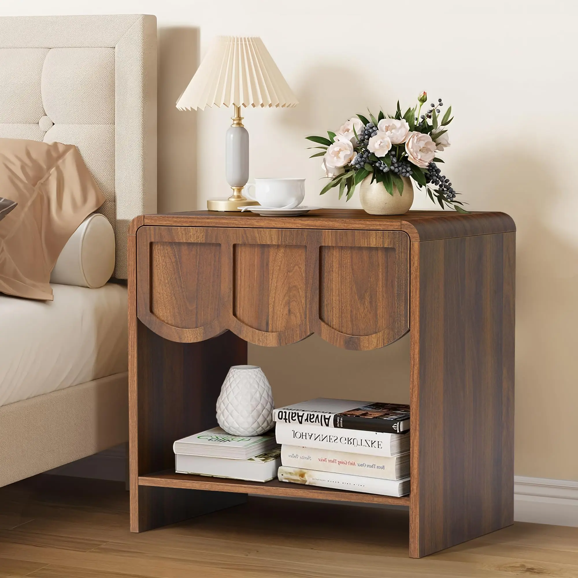 Small Night Stand Modern Farmhouse Wood Nightstand for Small Spaces