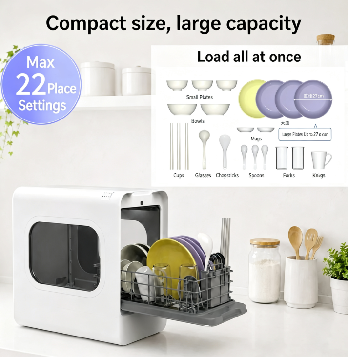 AI Smart Countertop Dishwasher, 28cm Ultra Slim Width, No Plumbing Required, Tank-Type Portable Dishwasher for Small Kitchen