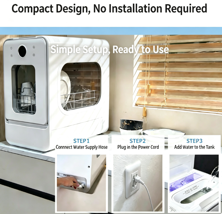 AI Smart Countertop Dishwasher, 28cm Ultra Slim Width, No Plumbing Required, Tank-Type Portable Dishwasher for Small Kitchen