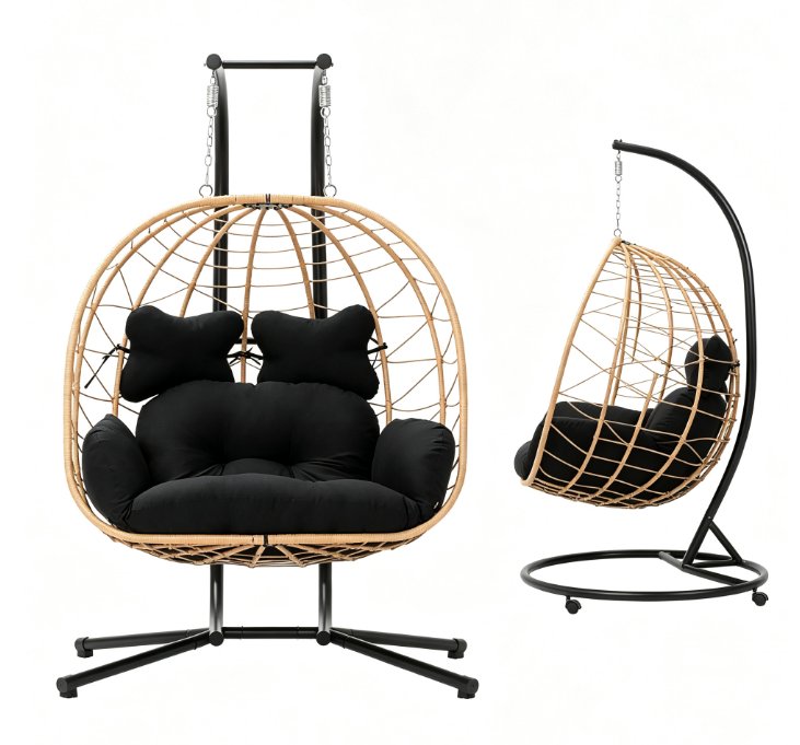 Double Egg Chair with Stand, Wicker Rattan