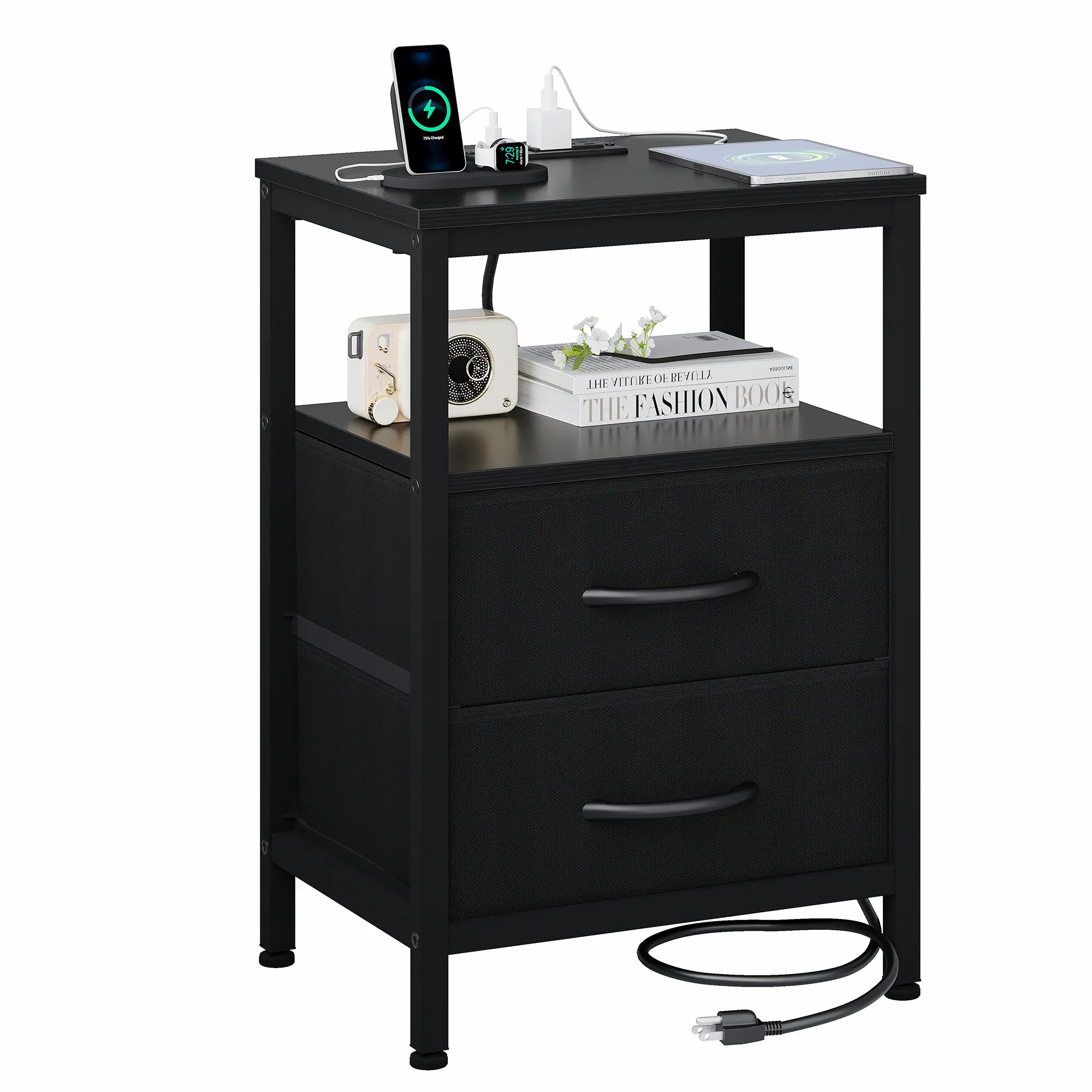 Black Wood‑Look Nightstand with Charging Station, 2 Fabric Drawers, Metal Frame Bedside Table for Bedroom & Apartment