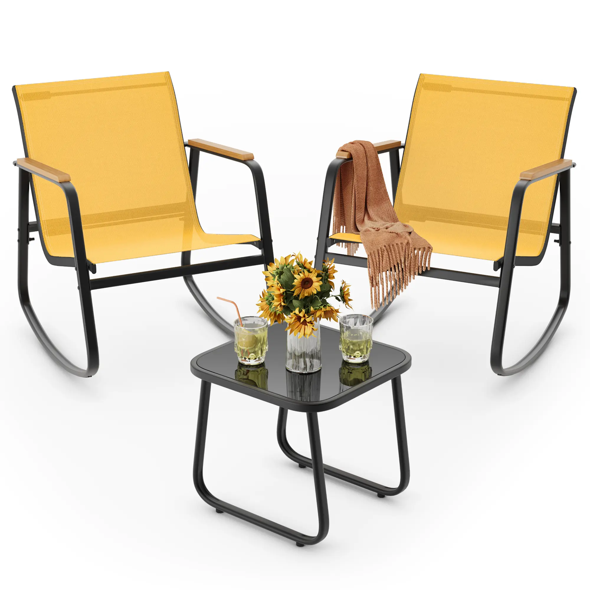 3‑Piece Rocking Bistro Set, PVC‑Coated Polyester Sling Patio Rocking Chairs with Coffee Table for Garden, Balcony & Poolside