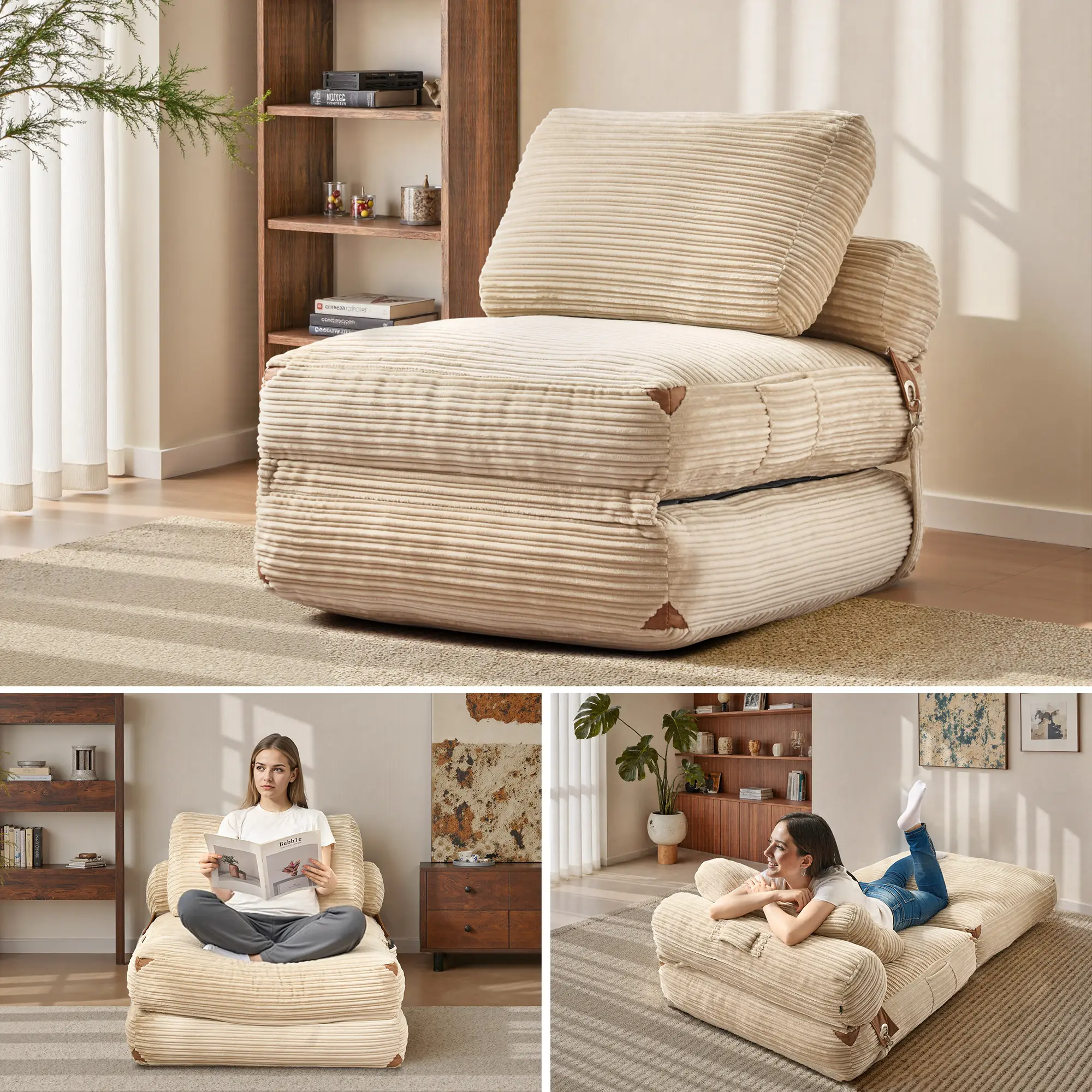 3‑in‑1 Convertible Folding Sofa Bed, No‑Assembly Oversized Chaise Lounge Floor Couch for Small Spaces