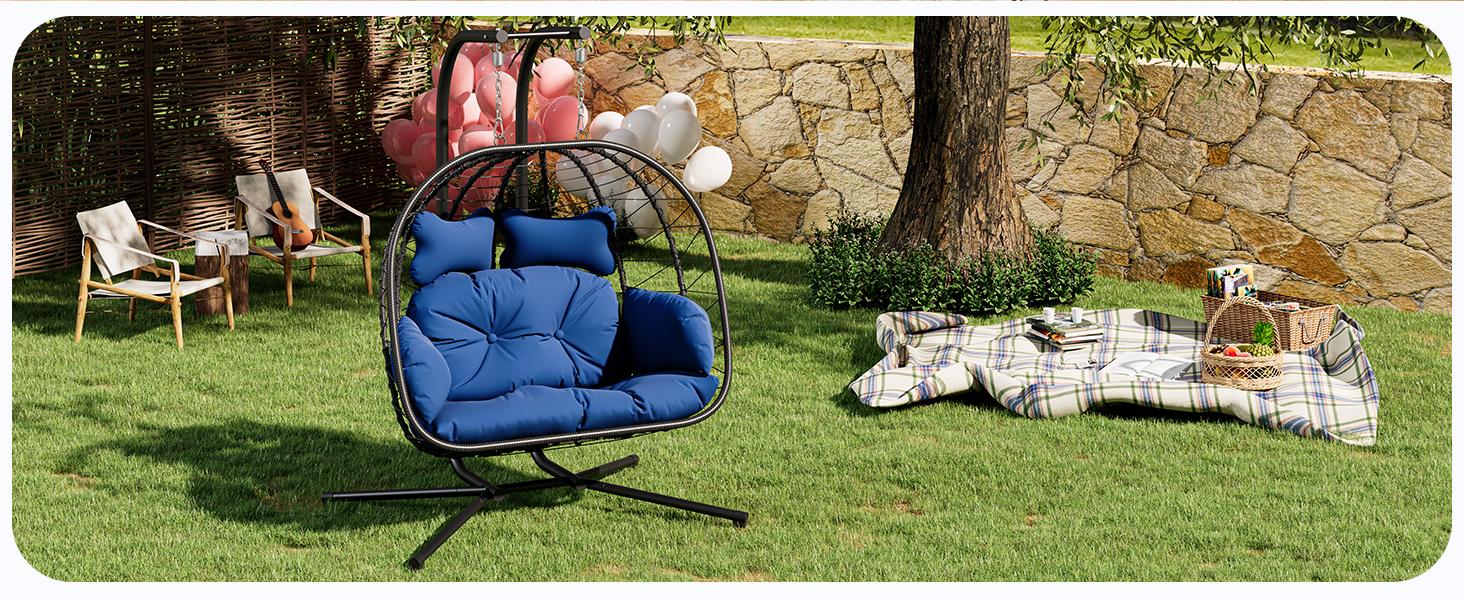 Double Egg Chair with Stand for Patio, Outdoor Indoor Hanging Swing Chair with Cushions, Wicker Rattan, 700lbs Capacity, Waterproof Sunproof for Balcony Garden Porch