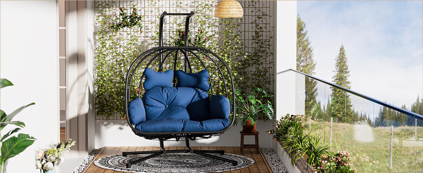Double Egg Chair with Stand for Patio, Outdoor Indoor Hanging Swing Chair with Cushions, Wicker Rattan, 700lbs Capacity, Waterproof Sunproof for Balcony Garden Porch