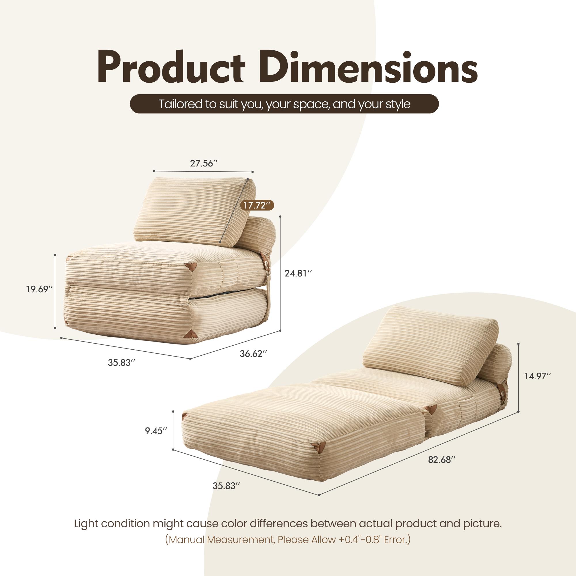 【SohoChic Sale】OVIOS 36" Boneless Chaise Lounge, 3-in-1 Convertible Folding Sofa Bed with Pillow & Lumbar Support, Oversized Sleeper Chair & Floor Couch for Living Room, Bedroom & Apartment, No Assembly Required