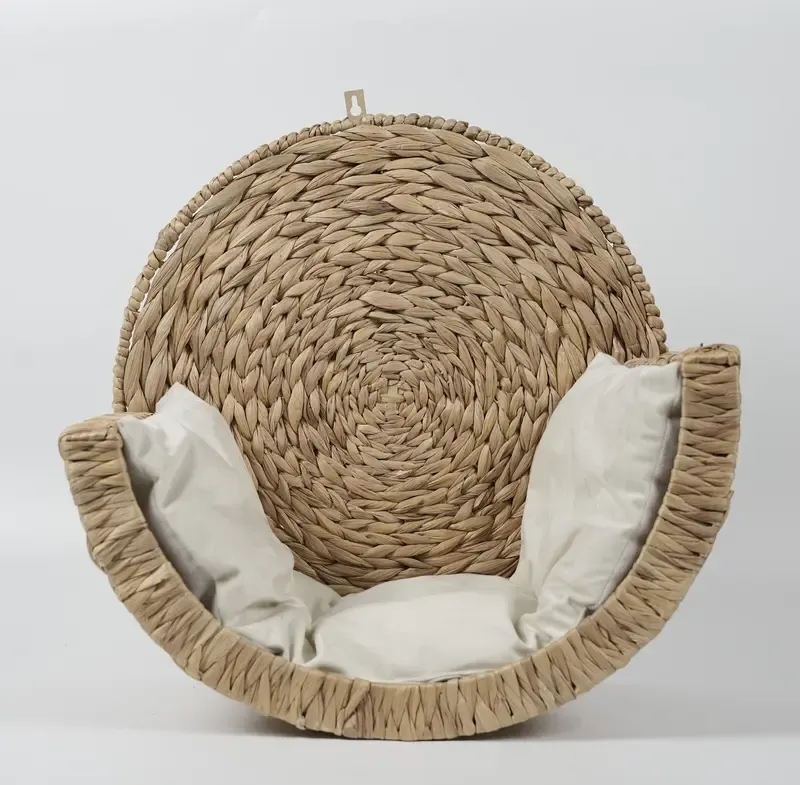 Hand‑Woven Rattan Wall‑Mounted Cat Bed, Floating Cat Perch with Removable Soft Cushion for Indoor Cats